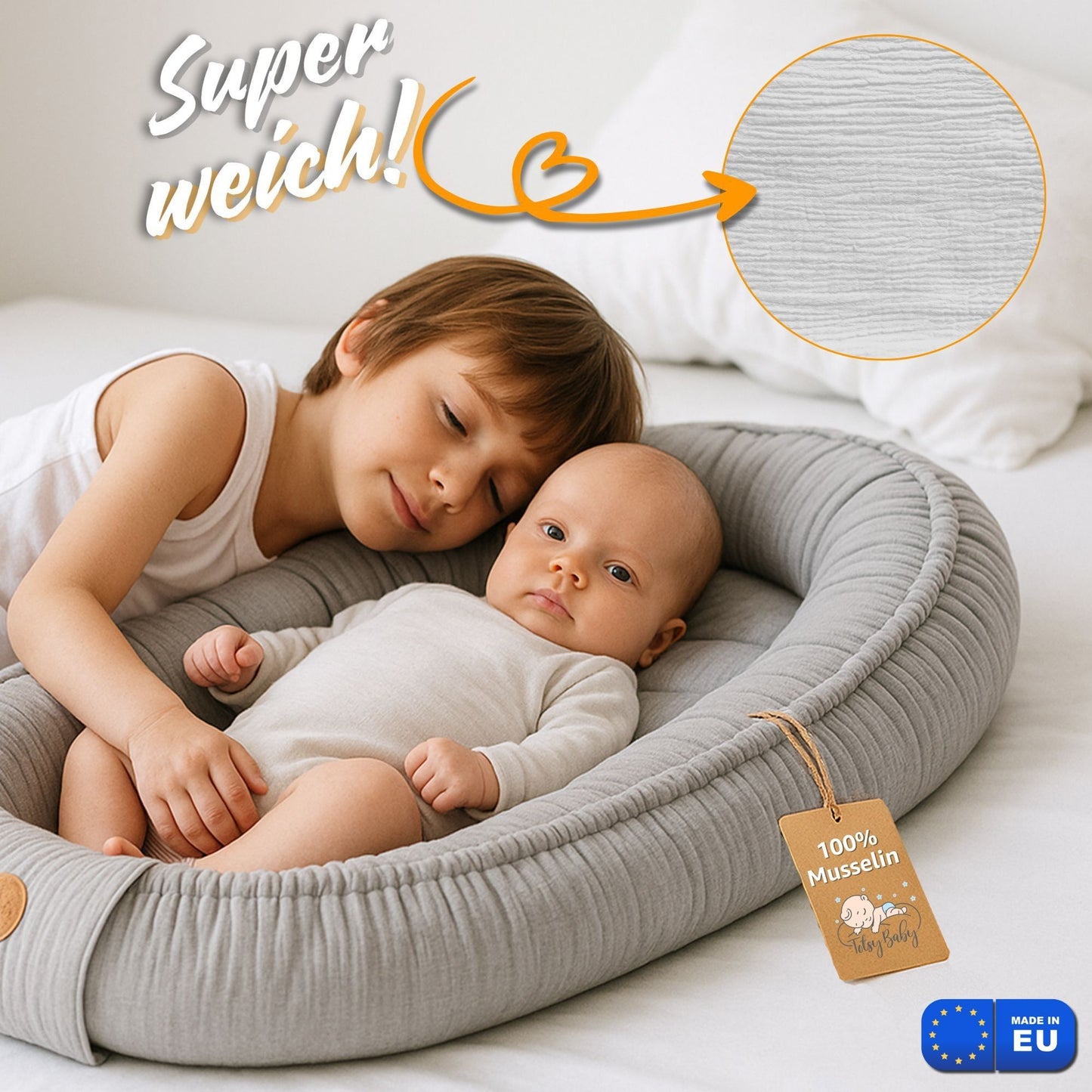 Musselin Babynest Nestchen Baby 90x50 cm - Babynestchen Neugeborene Nest für Kinder Bett und Babybett tragbar Kuschelnest Coccon für Jungen und Mädchen Baumwolle