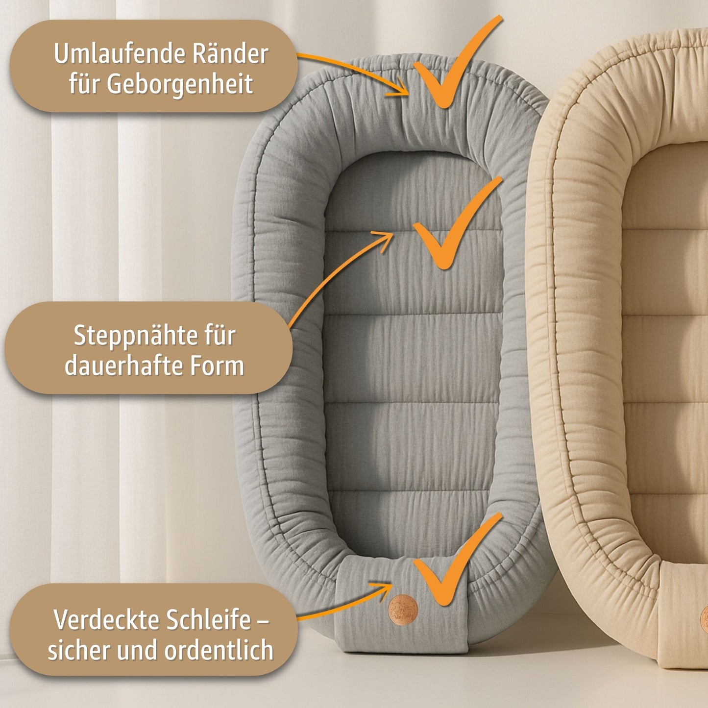 Musselin Babynest Nestchen Baby 90x50 cm - Babynestchen Neugeborene Nest für Kinder Bett und Babybett tragbar Kuschelnest Coccon für Jungen und Mädchen Baumwolle