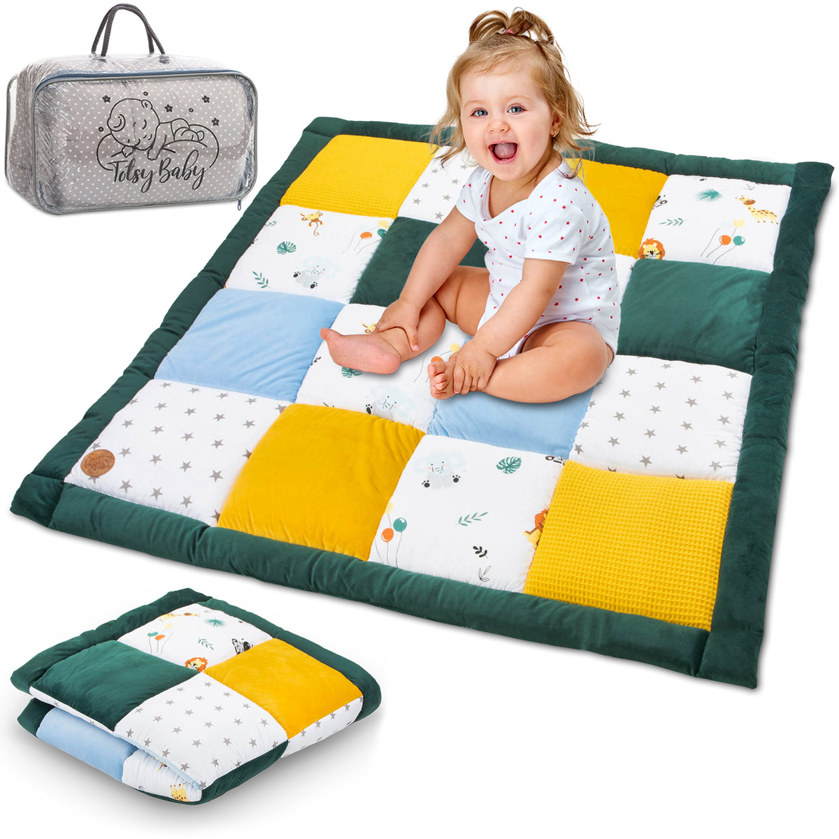 Baby crawling mat Velvet play mat 100x100 cm - PATCHWORK playpen insert  Oeko-Tex 1. Safari cotton with velvet and waffle pique