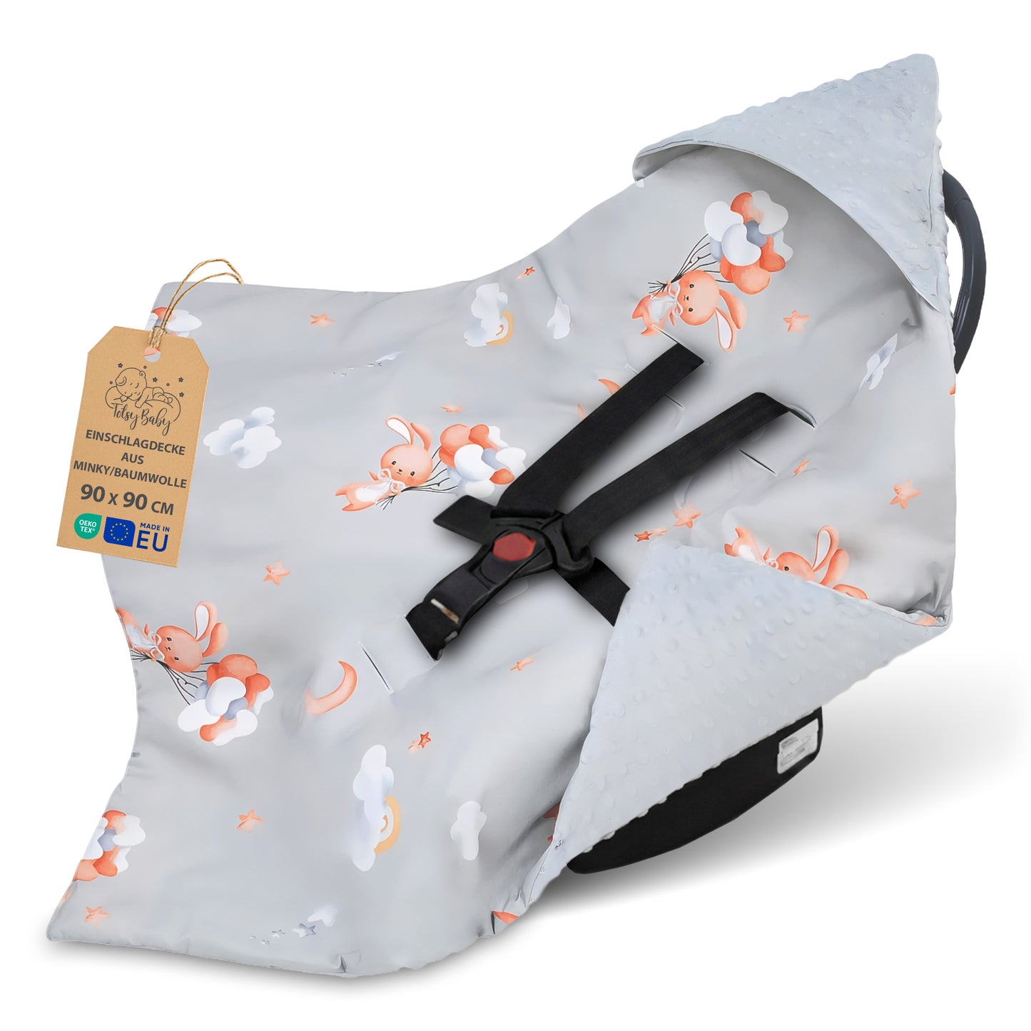 Zavinovací deka do autosedačky 90×90 cm - celoroční deka/„fusak“ pro kočárek a autosedačku, pro 3- a 5bodový pás, Minky, Oeko-Tex