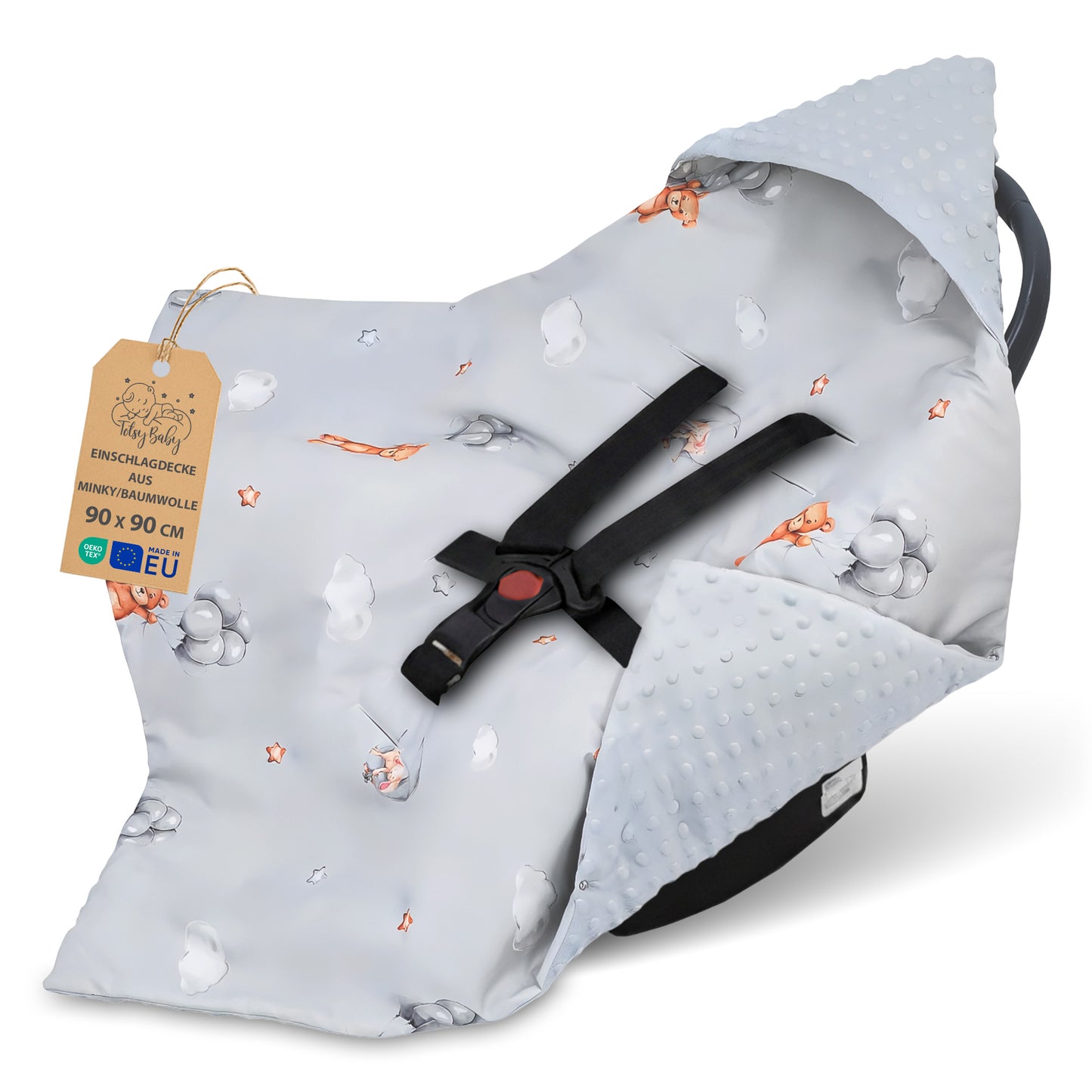Zavinovací deka do autosedačky 90×90 cm - celoroční deka/„fusak“ pro kočárek a autosedačku, pro 3- a 5bodový pás, Minky, Oeko-Tex