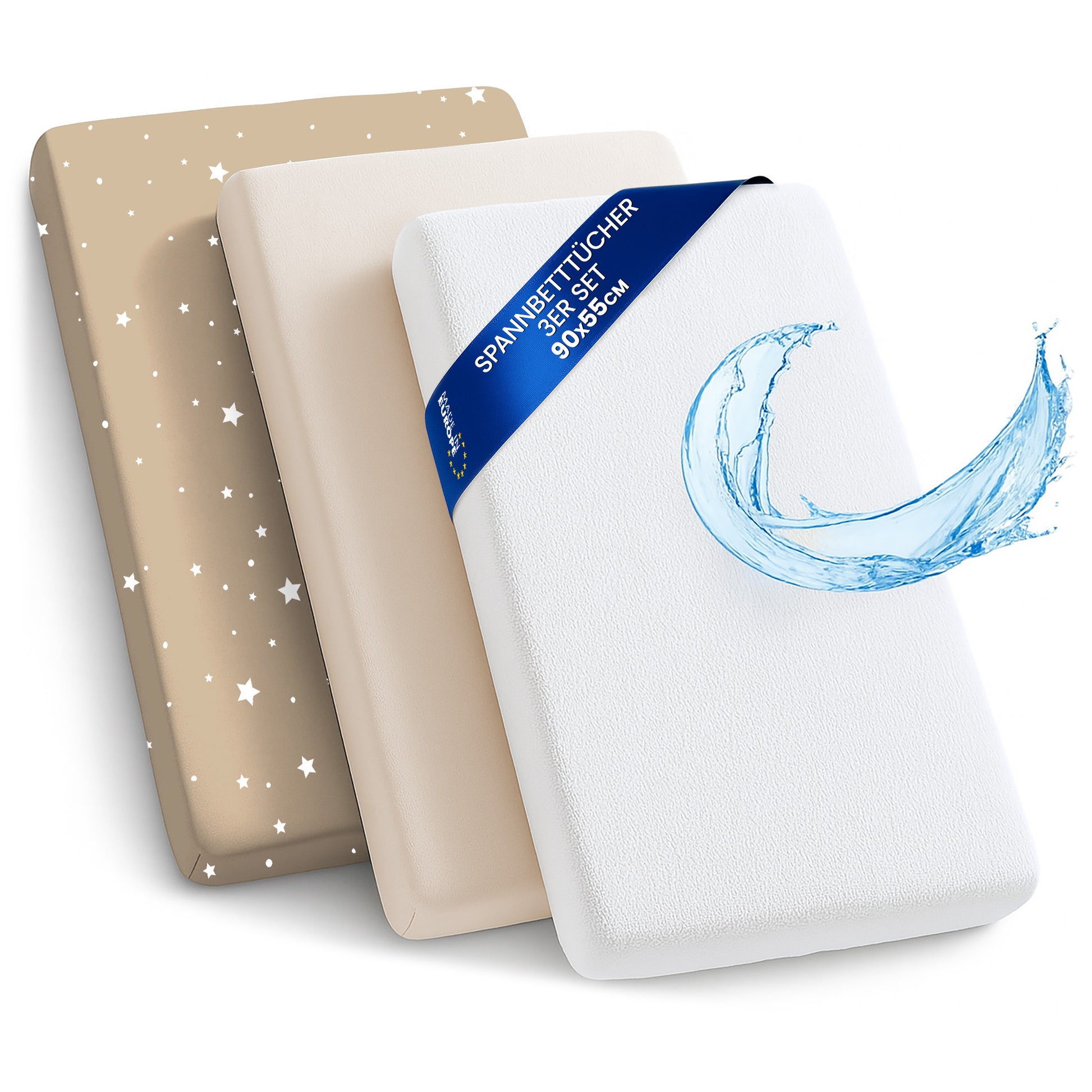 Sábanas ajustables para bebé - Beige con estrellas blancas, Juego de 3: 90 x 55 cm