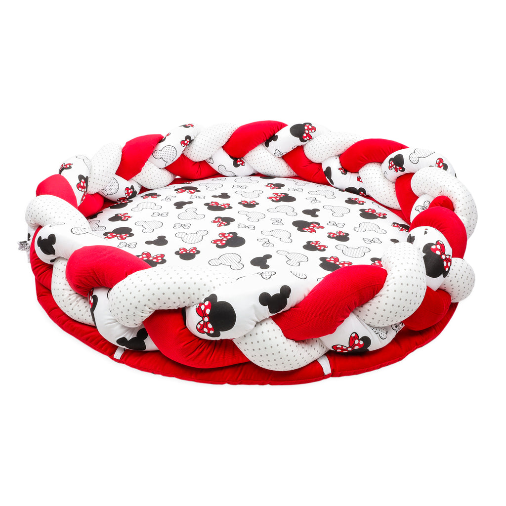 Bodenkissen Kinder mit Zierkissen Rand 100 cm - Spielmatte Kuschelecke Matratze rund Krabbelmatte faltbar für Baby gepolstert Maus Rot - Totsy Baby