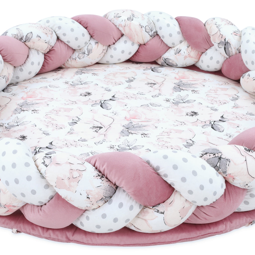 Bodenkissen Kinder mit Zierkissen Rand 100 cm - Spielmatte Kuschelecke Matratze rund Krabbelmatte faltbar für Baby gepolstert Blumen – Rosa - Totsy Baby