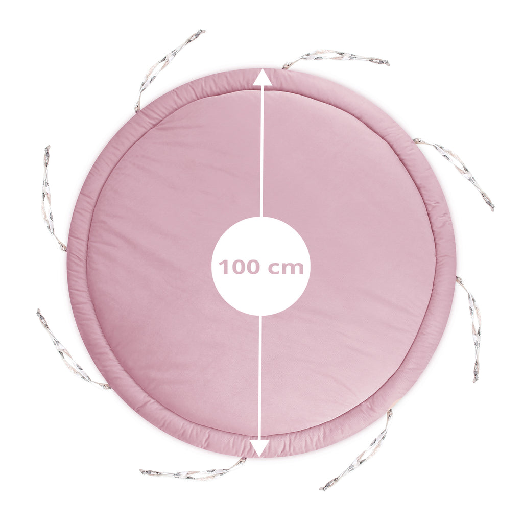 Bodenkissen Kinder mit Zierkissen Rand 100 cm - Spielmatte Kuschelecke Matratze rund Krabbelmatte faltbar für Baby gepolstert Blumen – Rosa - Totsy Baby