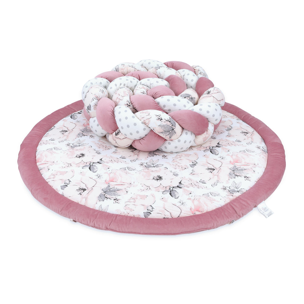 Bodenkissen Kinder mit Zierkissen Rand 100 cm - Spielmatte Kuschelecke Matratze rund Krabbelmatte faltbar für Baby gepolstert Blumen – Rosa - Totsy Baby