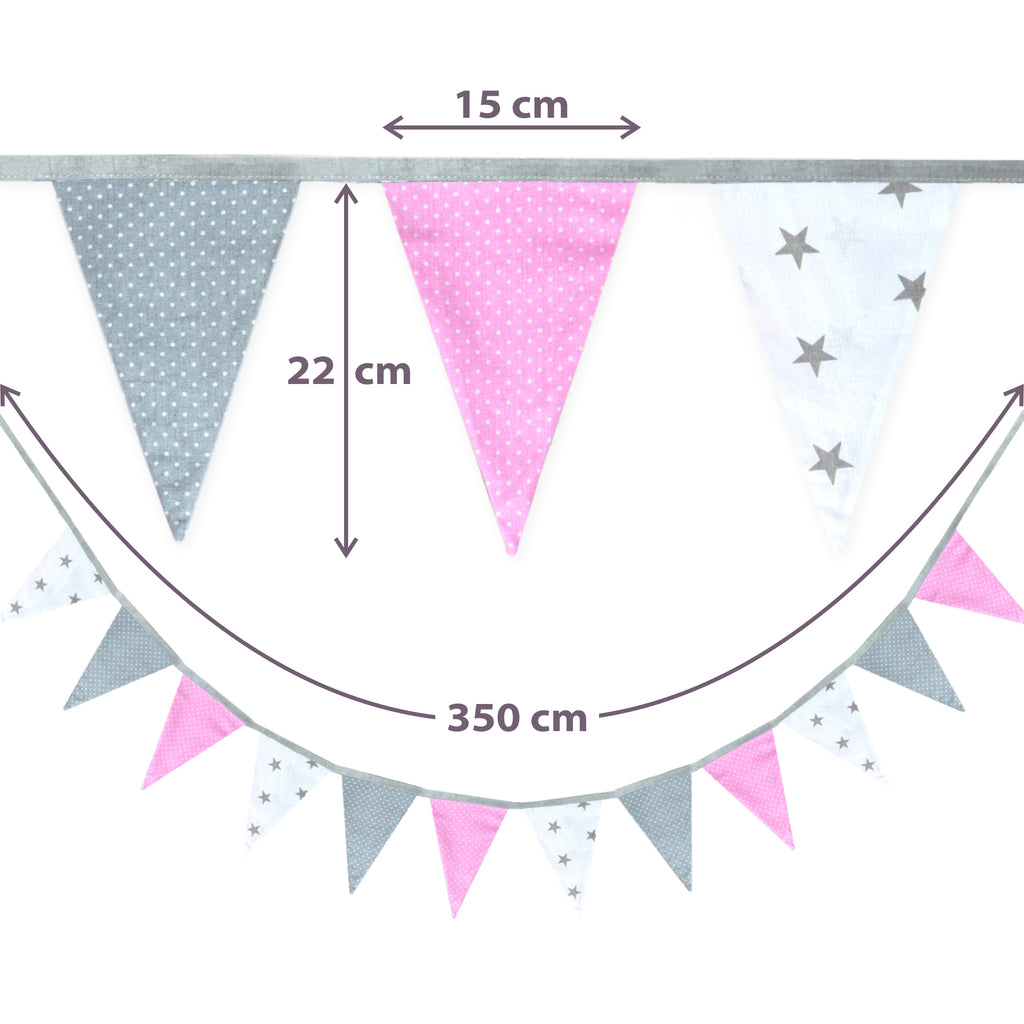 Wimpelkette Kinderzimmer 350 cm Baumwolle - Wimpel Girlande Outdoor Geburtstag Wimpelkette Stoff Deko Wetterfest 12 Dreiecke Rosa - Totsy Baby