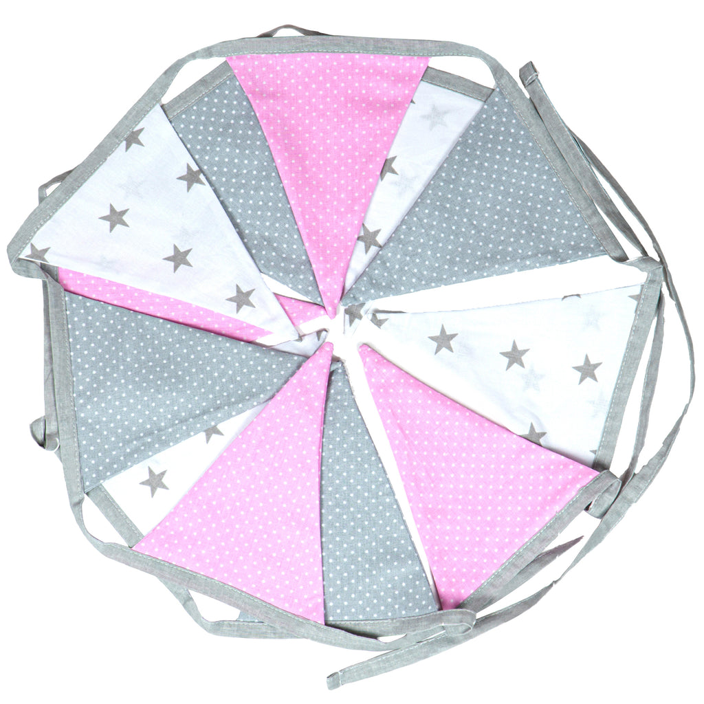 Wimpelkette Kinderzimmer 350 cm Baumwolle - Wimpel Girlande Outdoor Geburtstag Wimpelkette Stoff Deko Wetterfest 12 Dreiecke Rosa - Totsy Baby