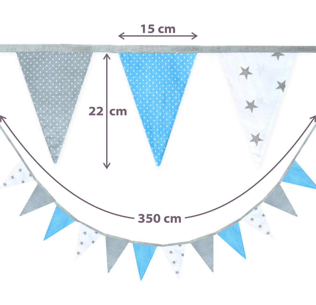 Wimpelkette Kinderzimmer 350 cm Baumwolle - Wimpel Girlande Outdoor Geburtstag Wimpelkette Stoff Deko Wetterfest 12 Dreiecke Blau - Totsy Baby