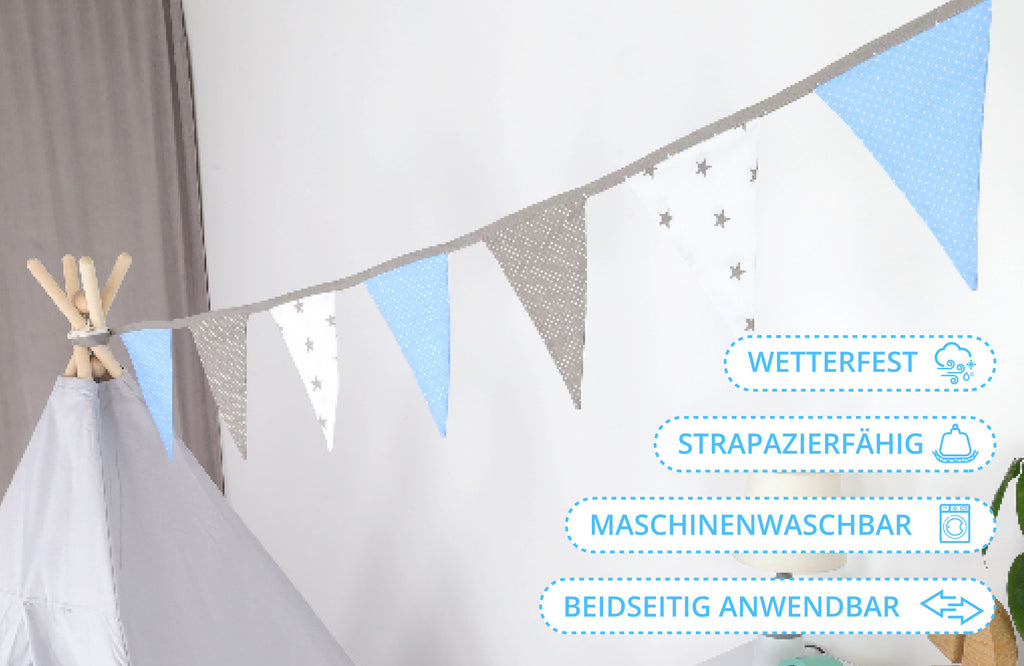 Wimpelkette Kinderzimmer 350 cm Baumwolle - Wimpel Girlande Outdoor Geburtstag Wimpelkette Stoff Deko Wetterfest 12 Dreiecke Blau - Totsy Baby