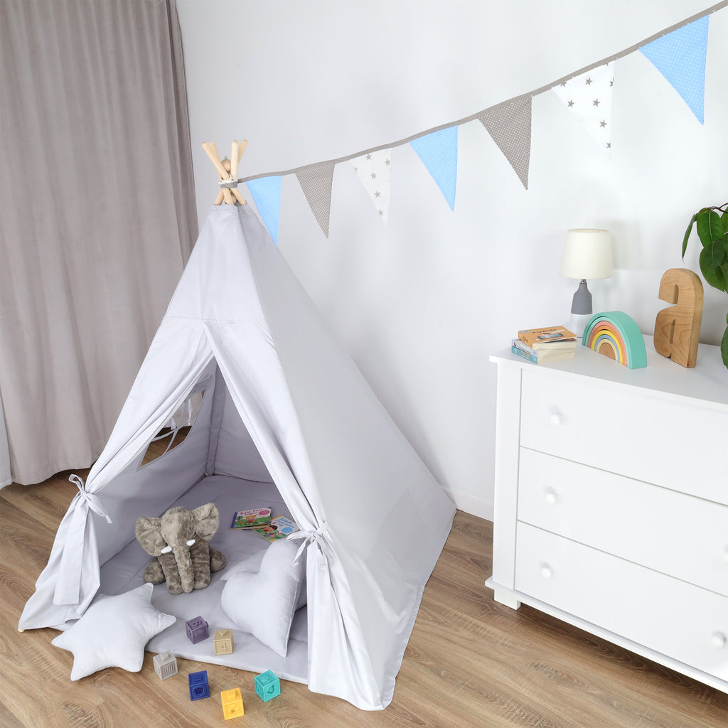 Wimpelkette Kinderzimmer 350 cm Baumwolle - Wimpel Girlande Outdoor Geburtstag Wimpelkette Stoff Deko Wetterfest 12 Dreiecke Blau - Totsy Baby