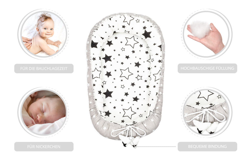 Babynest Kokon Neugeborene 90 x 50 cm - Handmade Kuschelnest Baby Nestchen aus Baumwolle Grau - Totsy Baby