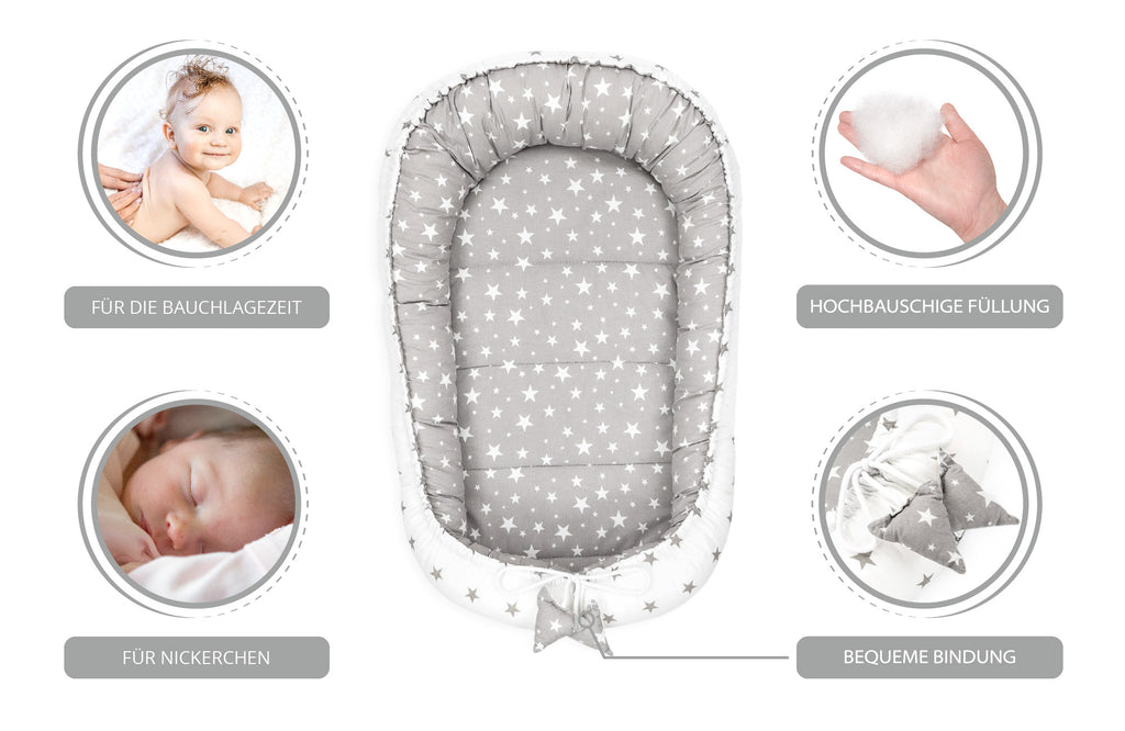 Babynest Neugeborene Nestchen Baby - Kokon Handmade zweiseitig aus Baumwolle Grau-Weiss - Totsy Baby