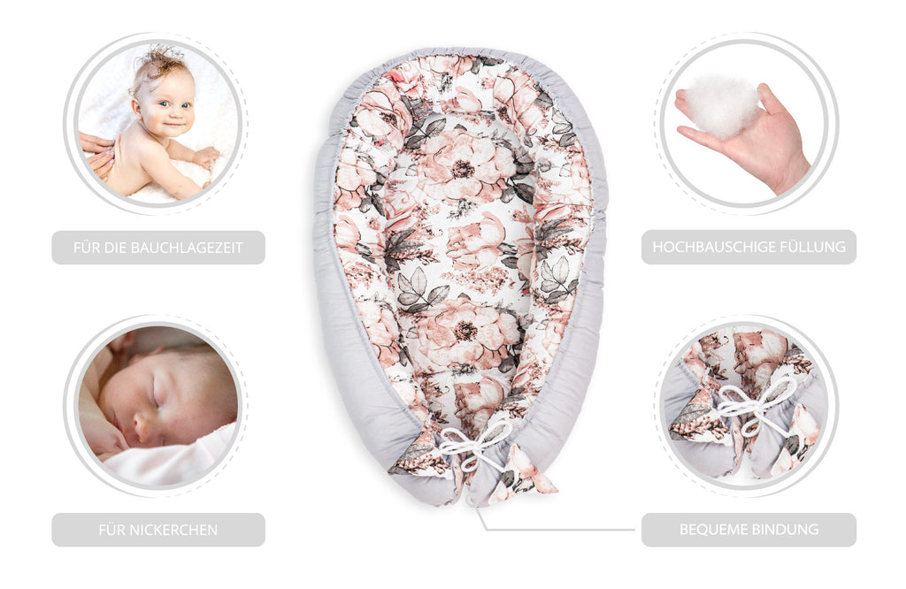 Babynest Kokon Neugeborene 90 x 50 cm - Handmade Kuschelnest Baby Nestchen aus Baumwolle Wilde Rose - Graue Baumwolle - Totsy Baby