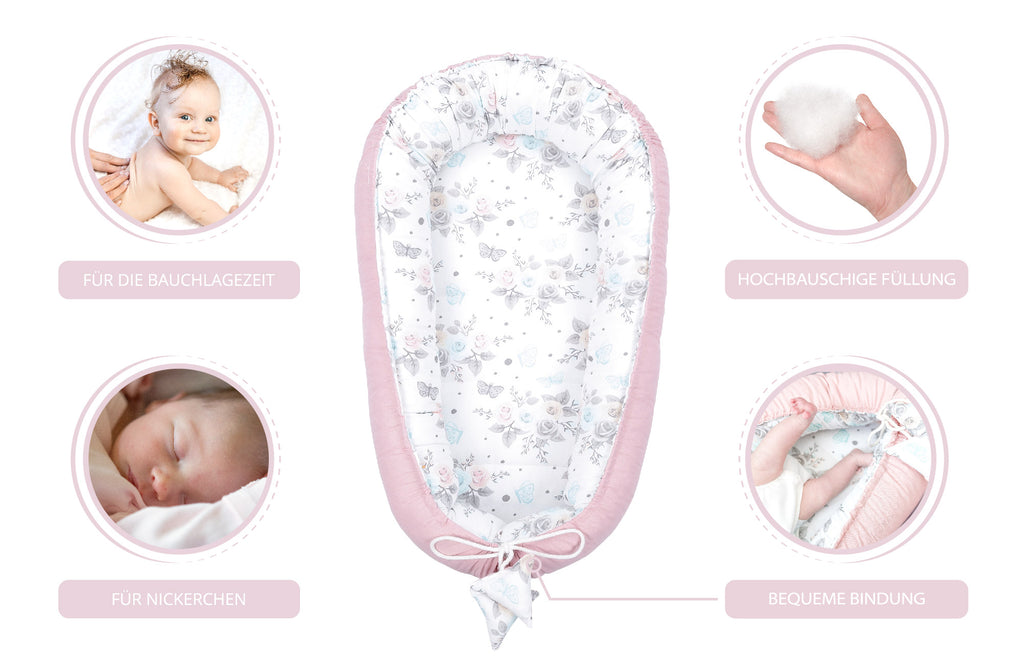 Babynest Kokon Neugeborene 90 x 50 cm - Handmade Kuschelnest Baby Nestchen aus Baumwolle Rosa-Schmetterling - Totsy Baby