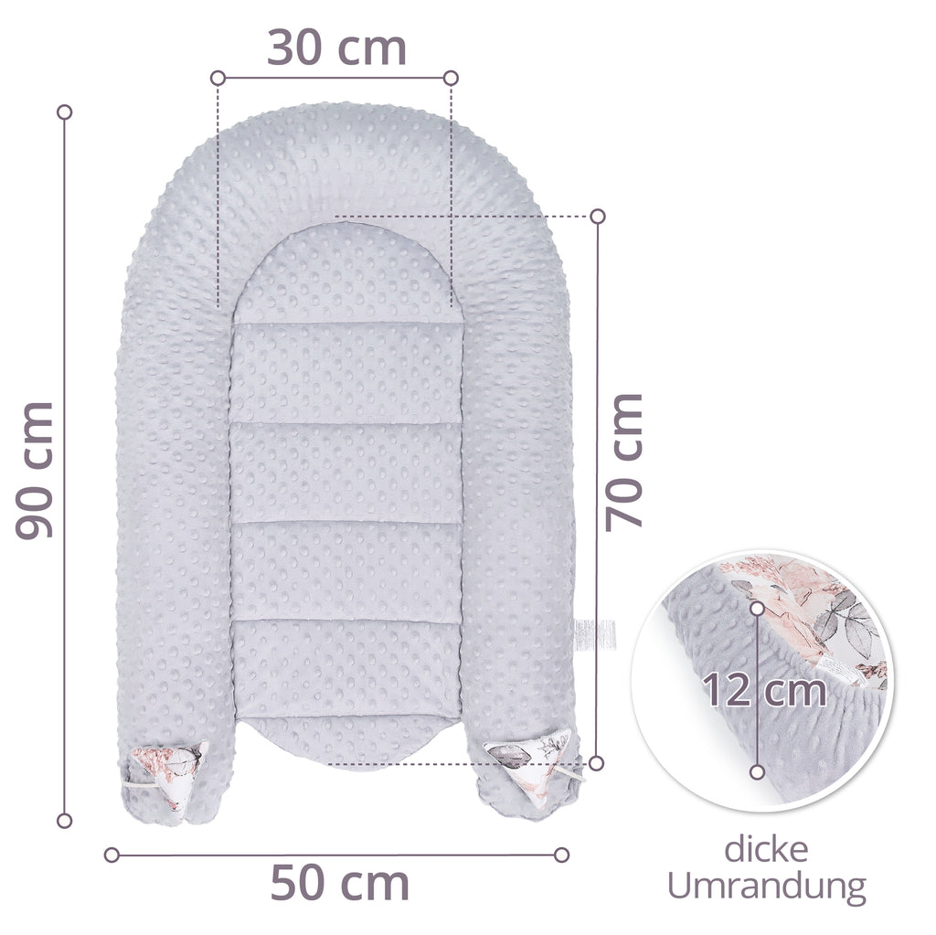 Warmes Nestchen Baby 90x50 cm - Kuschelnest Neugeborene Nestchen Winter / Herbst Kokon Babynest ?Hellgrau Minky mit Wilde Rose Motiv - Totsy Baby