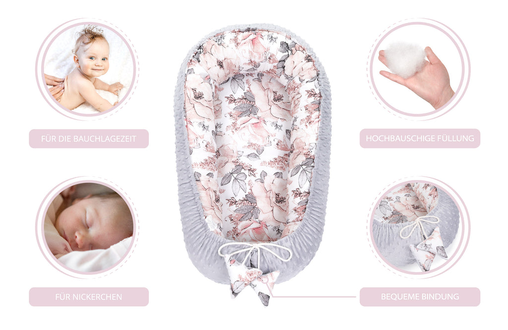 Warmes Nestchen Baby 90x50 cm - Kuschelnest Neugeborene Nestchen Winter / Herbst Kokon Babynest ?Hellgrau Minky mit Wilde Rose Motiv - Totsy Baby