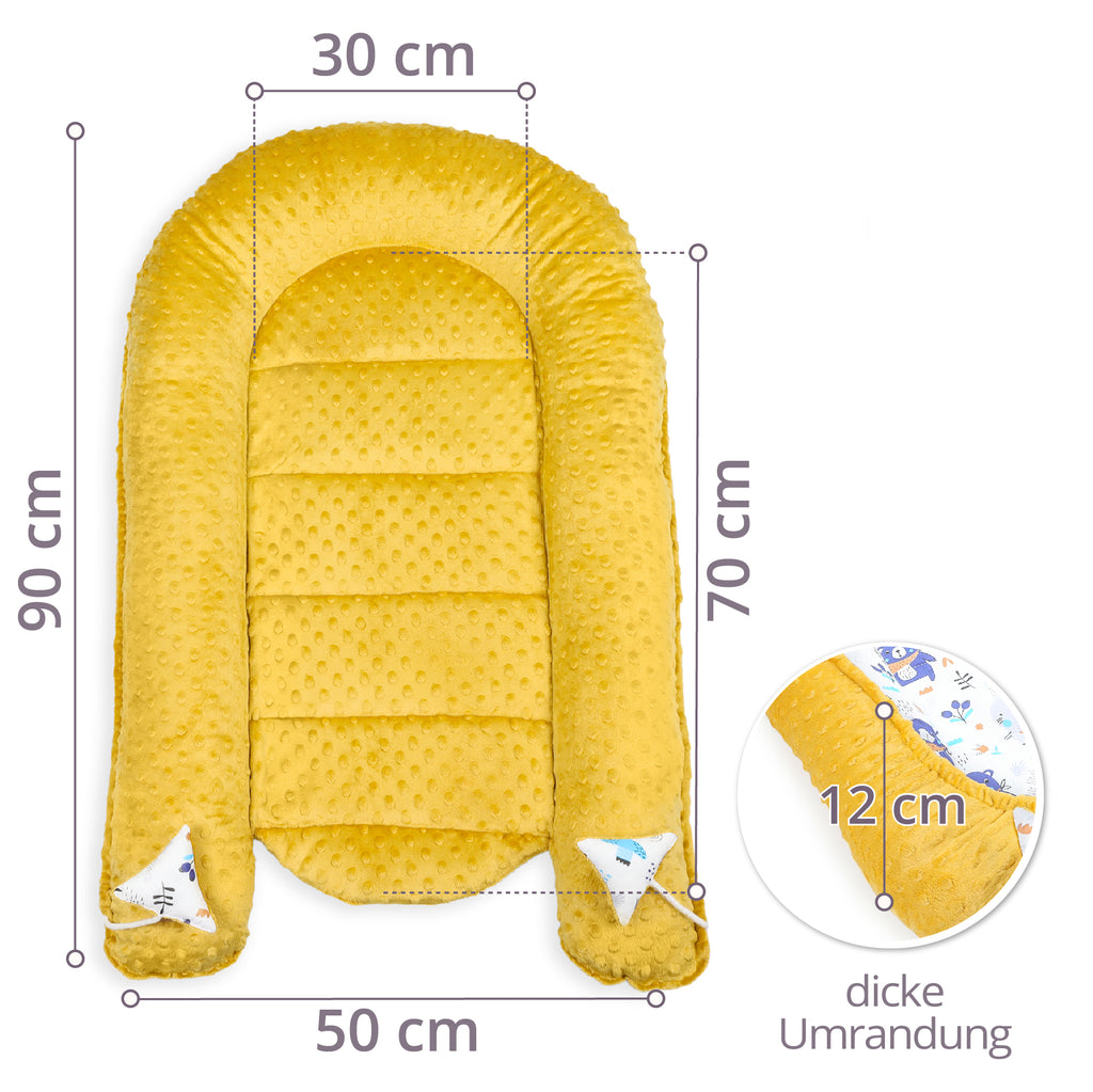 Warmes Nestchen Baby 90x50 cm - Kuschelnest Neugeborene Nestchen Winter / Herbst Kokon Babynest Senffarben Minky mit Tieren Motiv - Totsy Baby