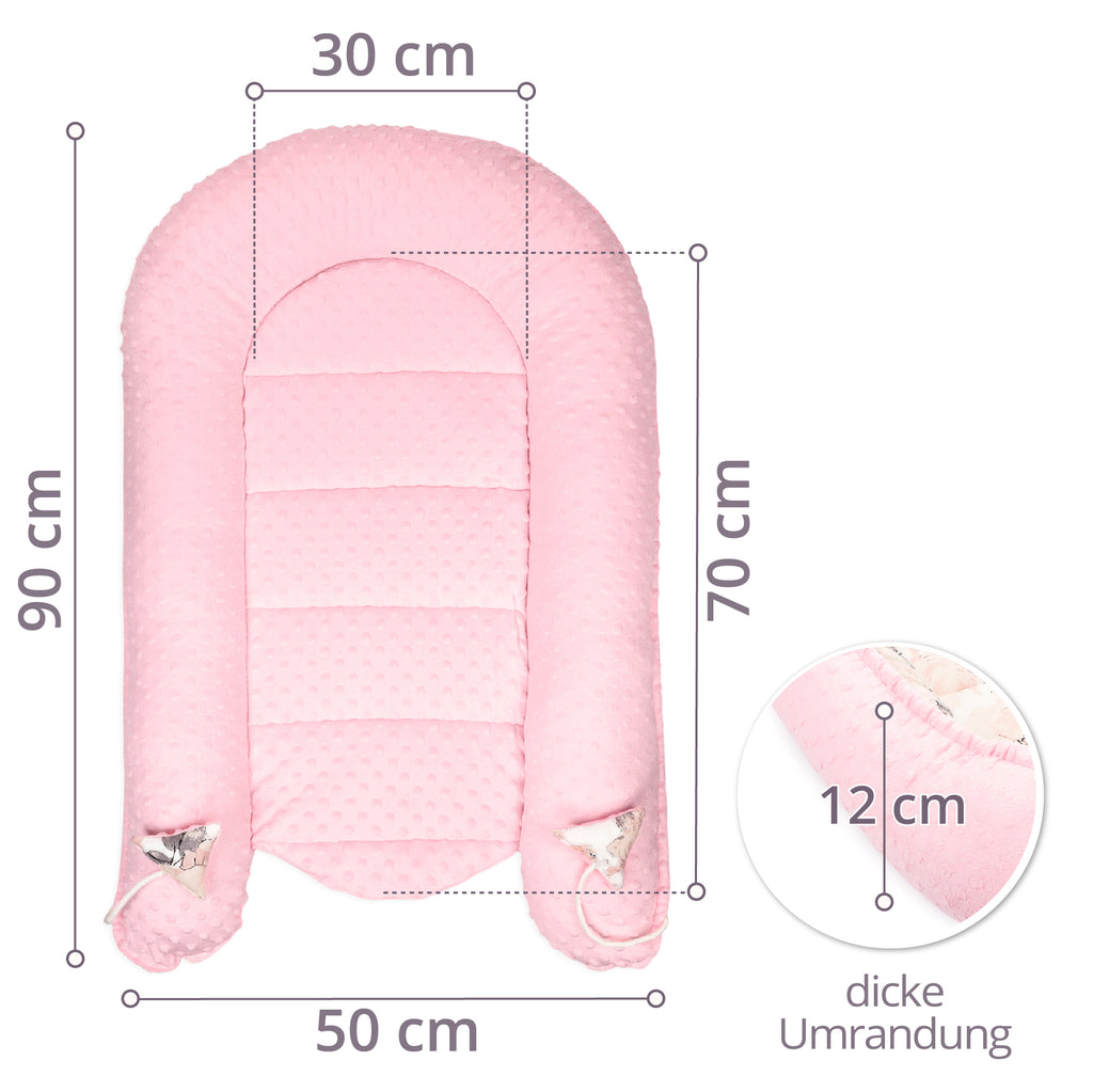 Warmes Nestchen Baby 90x50 cm - Kuschelnest Neugeborene Nestchen Winter / Herbst Kokon Babynest Hellrosa Minky mit Wilde Rose Motiv - Totsy Baby