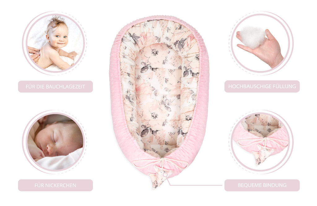 Warmes Nestchen Baby 90x50 cm - Kuschelnest Neugeborene Nestchen Winter / Herbst Kokon Babynest Hellrosa Minky mit Wilde Rose Motiv - Totsy Baby