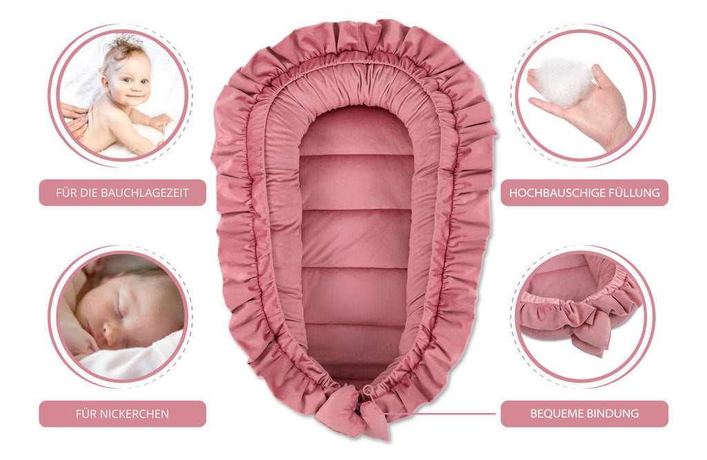 Babynestchen Velvet Kuschelnest für Neugeborene 90x50 cm - Baby Nestchen Bett Kokon Fleecestoff in Rosa - Totsy Baby