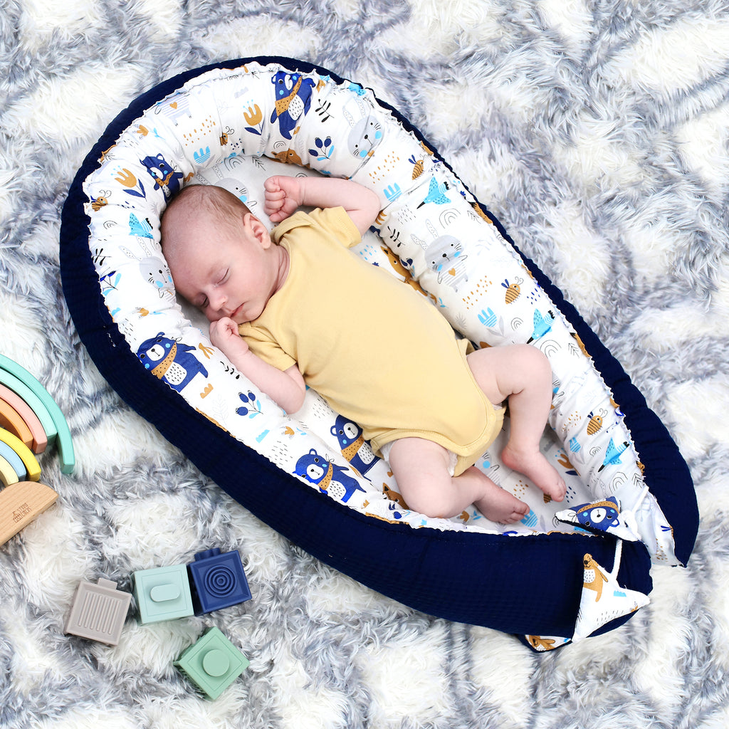 Babynest Neugeborene Nestchen Baby - Kokon Handmade zweiseitig aus Baumwolle Babynestchen Dunkelblau Waffel - Totsy Baby