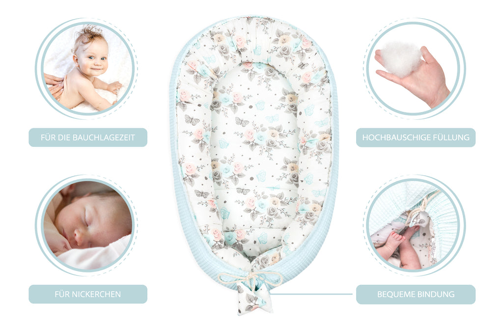 Babynest Neugeborene Nestchen Baby - Kokon Handmade zweiseitig aus Baumwolle Babynestchen Mint Waffel mit Schmetterling - Totsy Baby