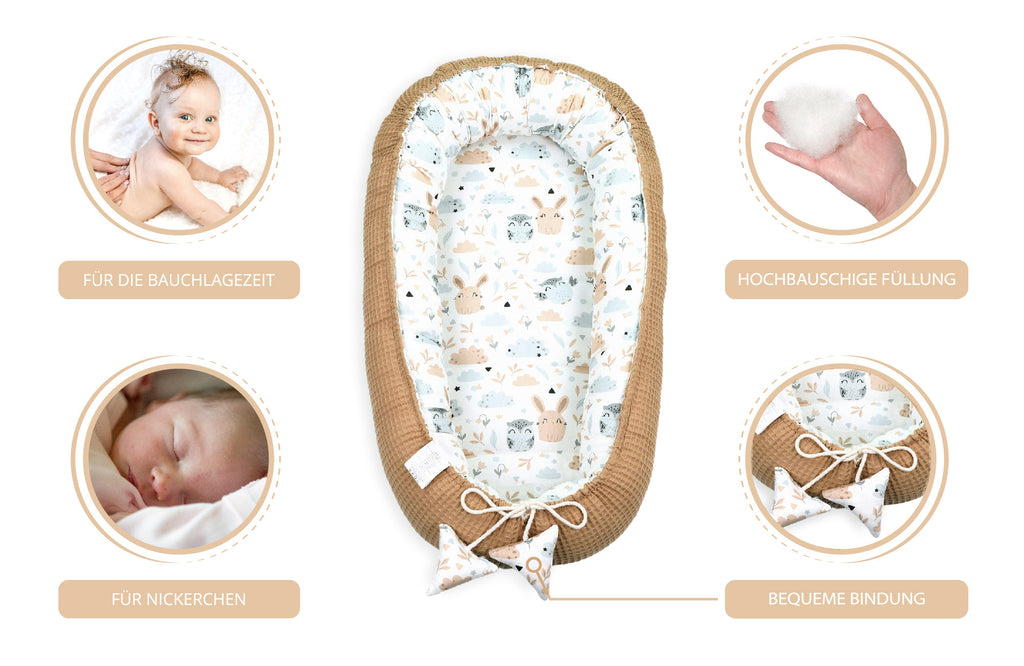 Babynest Neugeborene Nestchen Baby - Kokon Handmade zweiseitig aus Baumwolle Babynestchen Eulen - Totsy Baby