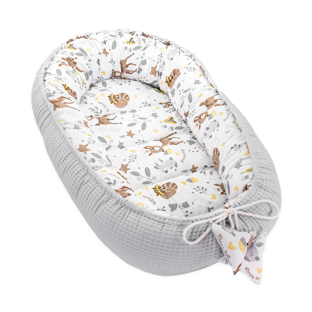 Babynest Neugeborene Nestchen Baby - Kokon Handmade zweiseitig aus Baumwolle Babynestchen Graue Waffel + Reh - Totsy Baby