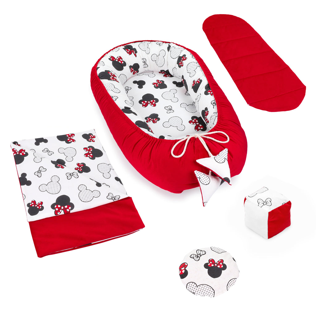 Babynestchen Set Neugeborene 90x50 cm Velvet - Kuschelnest Baby Nestchen 5-teilig Kokon mit Sinneswürfel Rot - Totsy Baby