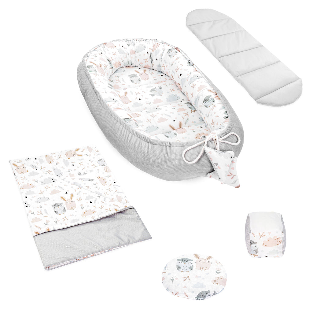 Babynestchen Set Neugeborene 90x50 cm Velvet - Kuschelnest Baby Nestchen 5-teilig Kokon mit Sinneswürfel Eulen - Totsy Baby