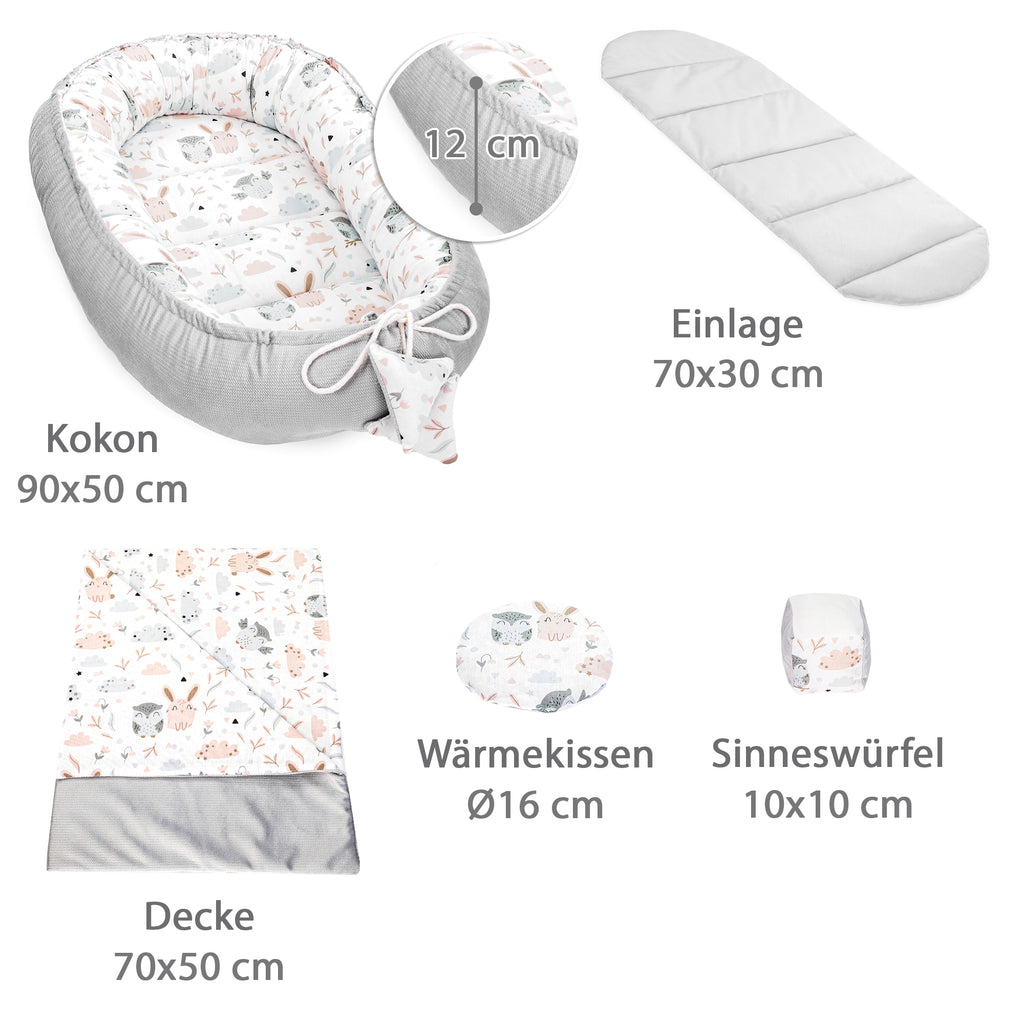 Babynestchen Set Neugeborene 90x50 cm Velvet - Kuschelnest Baby Nestchen 5-teilig Kokon mit Sinneswürfel Eulen - Totsy Baby