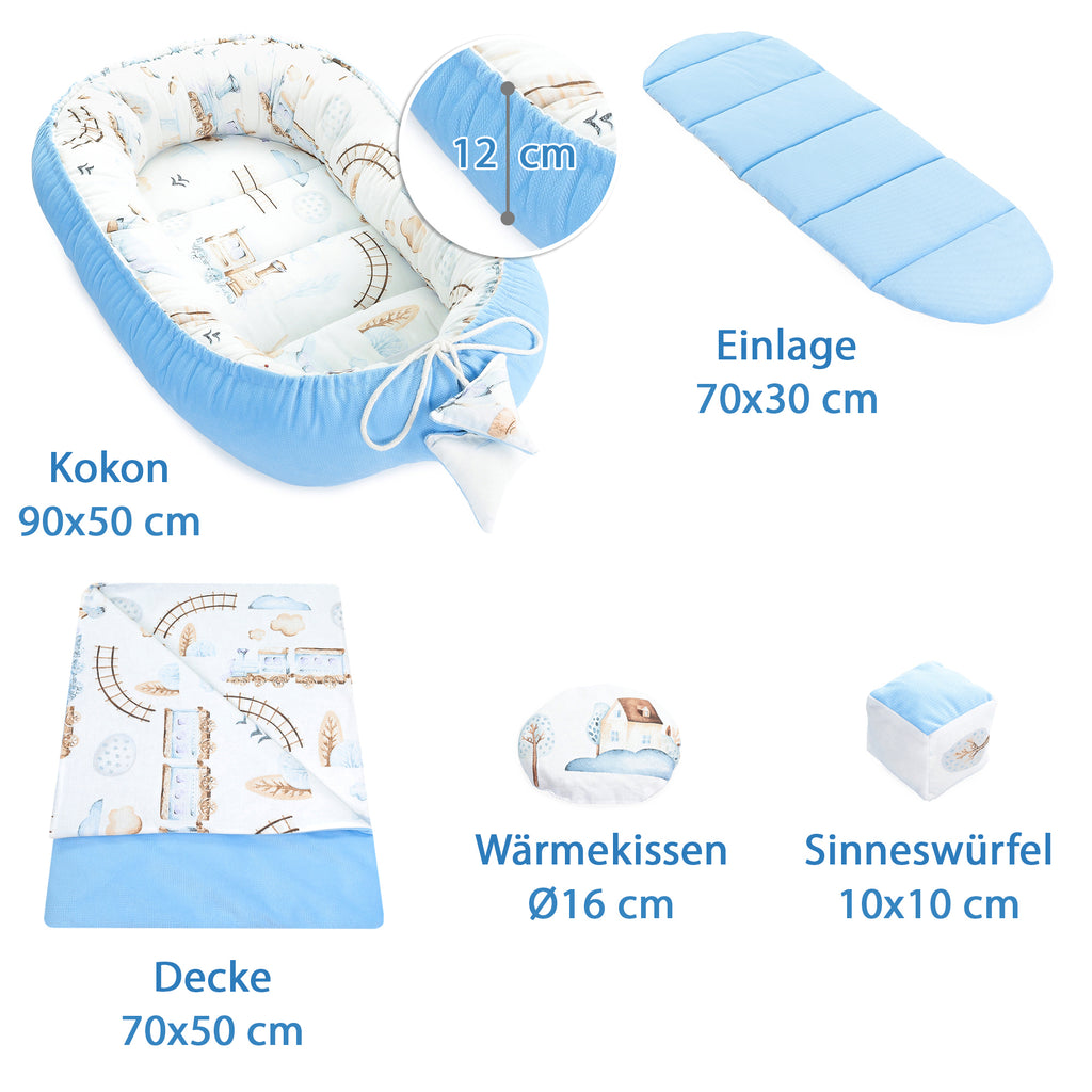 Babynestchen Set Neugeborene 90x50 cm Velvet - Kuschelnest Baby Nestchen 5-teilig Kokon mit Sinneswürfel Zug Motiv - Totsy Baby