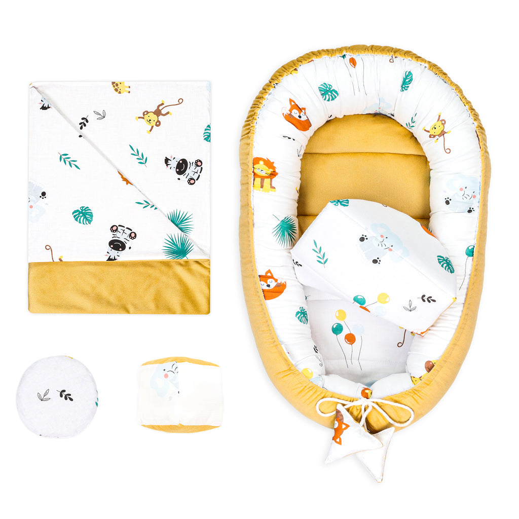 Babynestchen Set Neugeborene 90x50 cm Velvet - Kuschelnest Baby Nestchen 5-teilig Kokon mit Sinneswürfel Safari - Totsy Baby