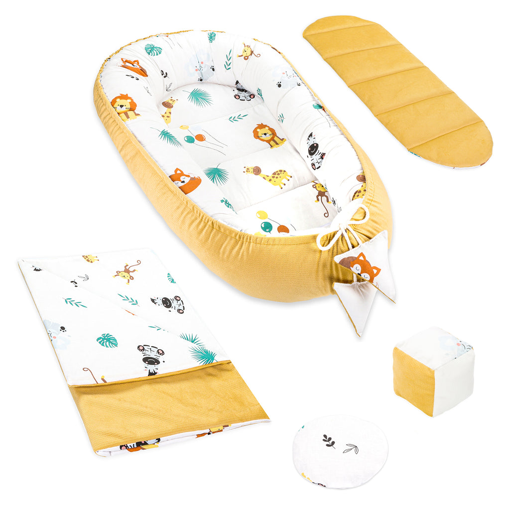 Babynestchen Set Neugeborene 90x50 cm Velvet - Kuschelnest Baby Nestchen 5-teilig Kokon mit Sinneswürfel Safari - Totsy Baby