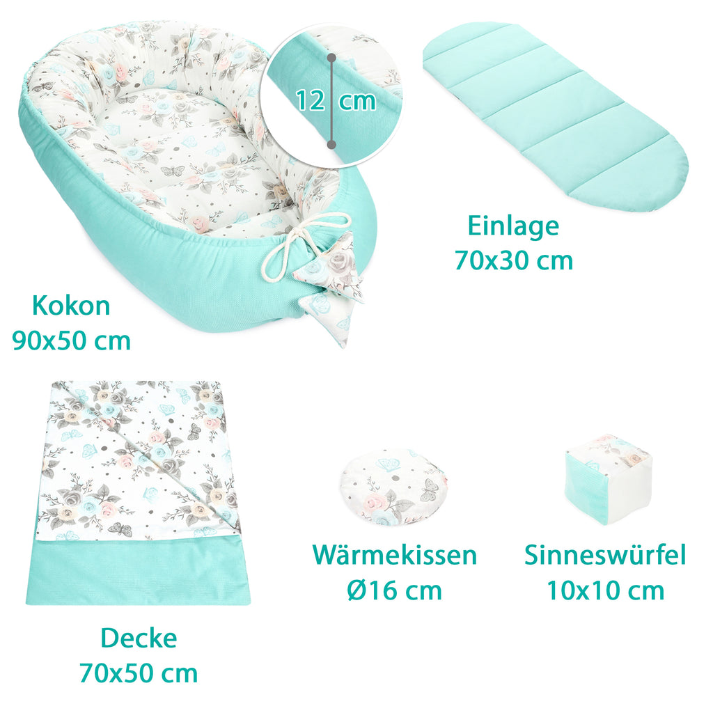 Babynestchen Set Neugeborene 90x50 cm Velvet - Kuschelnest Baby Nestchen 5-teilig Kokon mit Sinneswürfel Mint - Totsy Baby