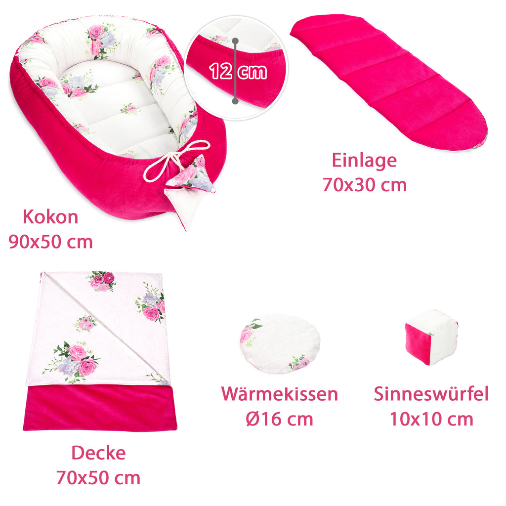 Babynestchen Set Neugeborene 90x50 cm Velvet - Kuschelnest Baby Nestchen 5-teilig Kokon mit Sinneswürfel Rosa - Totsy Baby