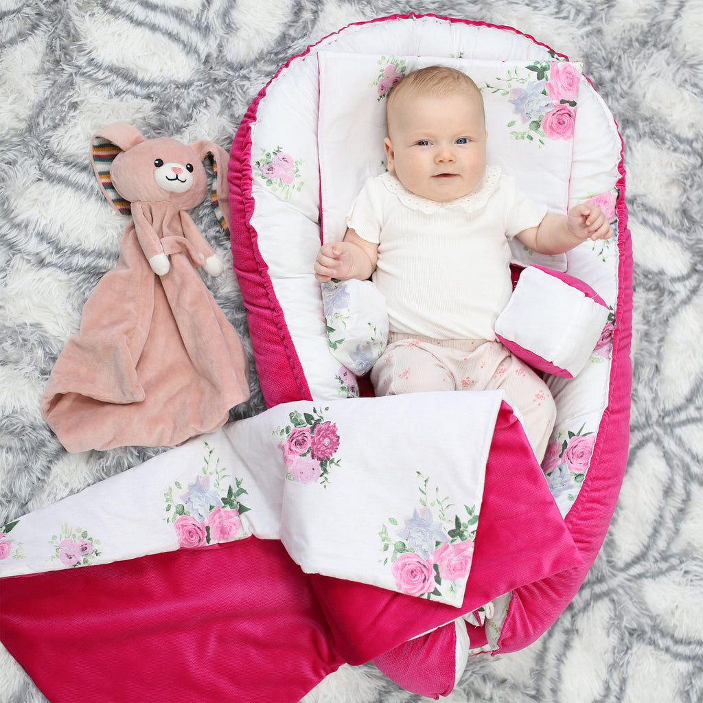 Babynestchen Set Neugeborene 90x50 cm Velvet - Kuschelnest Baby Nestchen 5-teilig Kokon mit Sinneswürfel Rosa - Totsy Baby