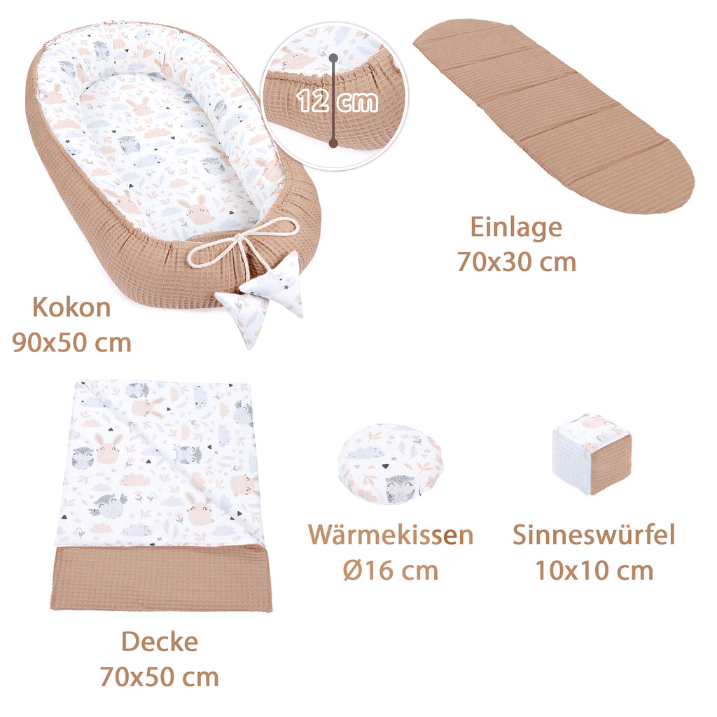 Babynestchen Set Neugeborene 90x50 cm Waffelbaumwolle - Kuschelnest Baby Nestchen 5-teilig Kokon mit Sinneswürfel Eulen - Totsy Baby