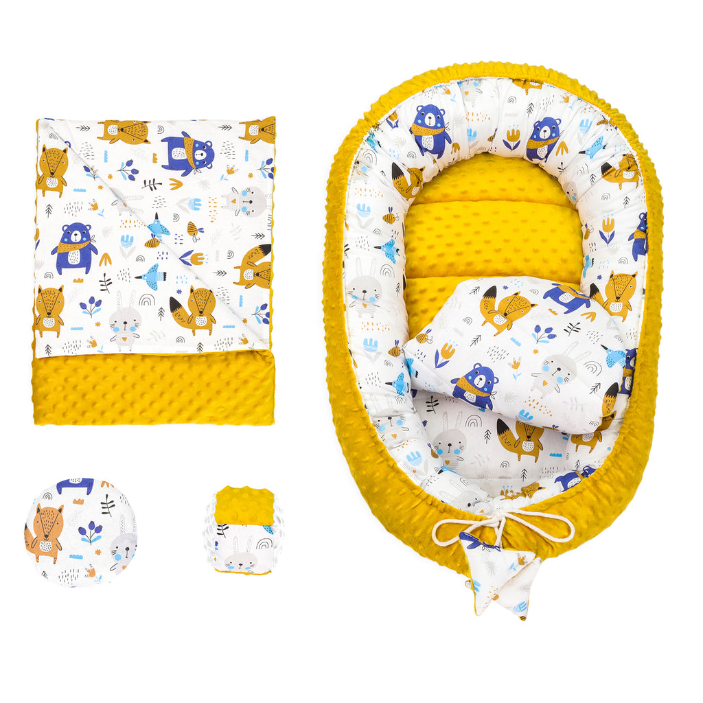 Babynestchen Set Neugeborene 90x50 cm Minky - Kuschelnest Baby Nestchen 5-teilig Kokon mit Sinneswürfel Tier - Totsy Baby