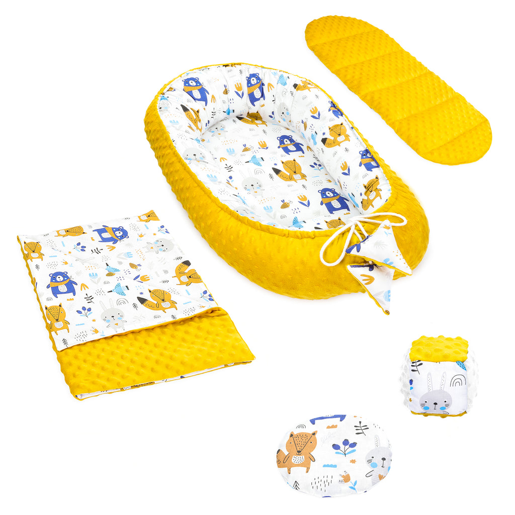 Babynestchen Set Neugeborene 90x50 cm Minky - Kuschelnest Baby Nestchen 5-teilig Kokon mit Sinneswürfel Tier - Totsy Baby