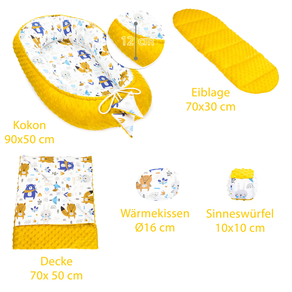 Babynestchen Set Neugeborene 90x50 cm Minky - Kuschelnest Baby Nestchen 5-teilig Kokon mit Sinneswürfel Tier - Totsy Baby