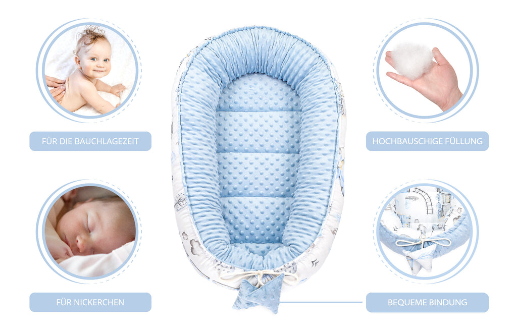 Babynestchen Set Neugeborene 90x50 cm Minky - Kuschelnest Baby Nestchen 5-teilig Kokon mit Sinneswürfel Zug - Totsy Baby