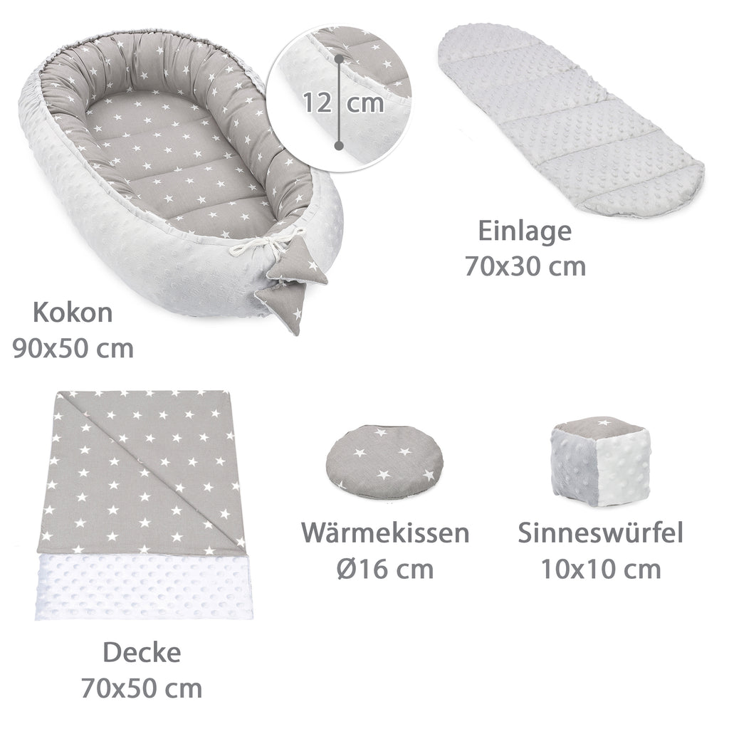 Babynestchen Set Neugeborene 90x50 cm Minky - Kuschelnest Baby Nestchen 5-teilig Kokon mit Sinneswürfel Sternen - Totsy Baby