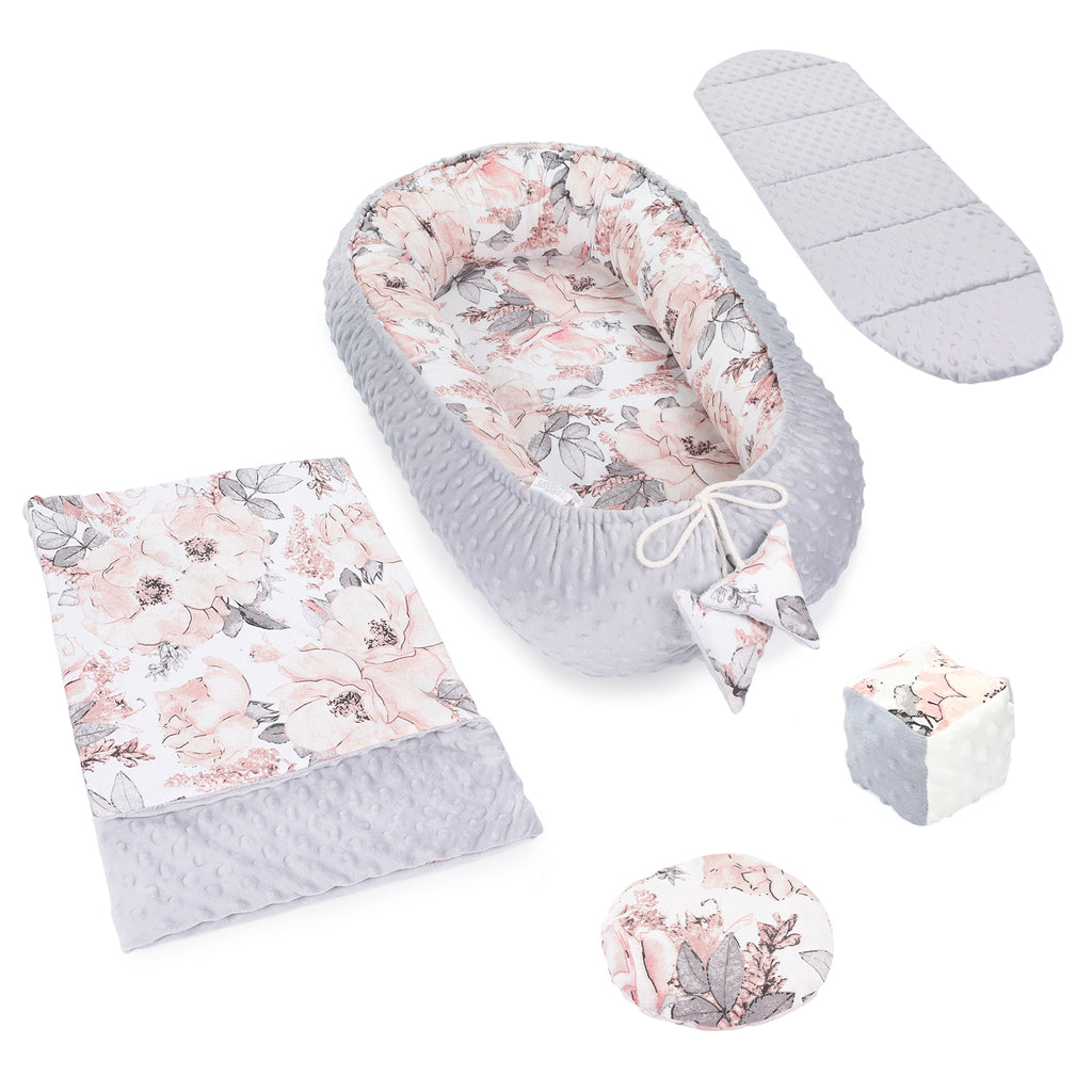 Babynestchen Set Neugeborene 90x50 cm Minky - Kuschelnest Baby Nestchen 5-teilig Kokon mit Sinneswürfel Wilde Rose - Totsy Baby