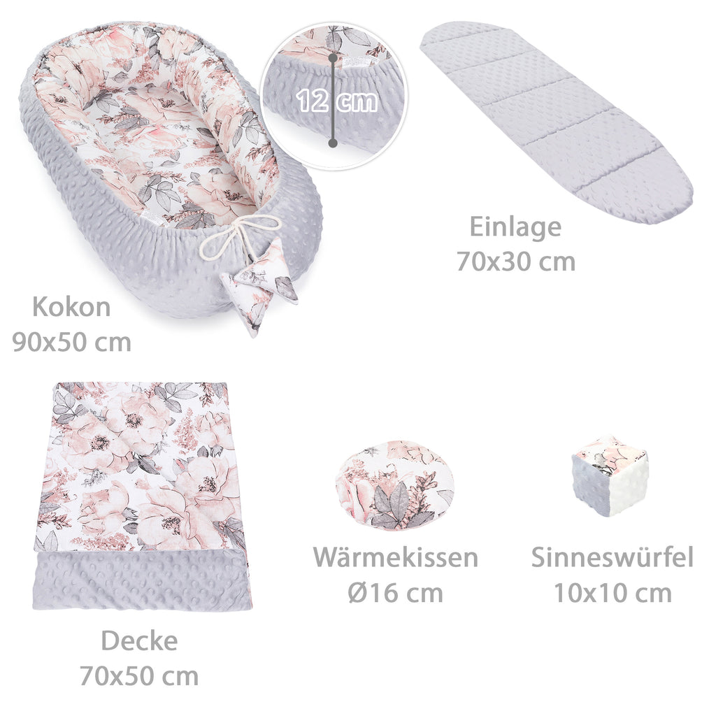 Babynestchen Set Neugeborene 90x50 cm Minky - Kuschelnest Baby Nestchen 5-teilig Kokon mit Sinneswürfel Wilde Rose - Totsy Baby