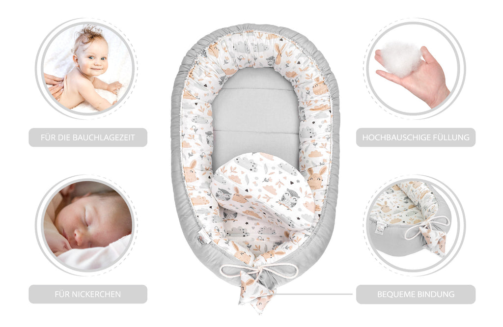 Babynestchen Set Neugeborene 90x50 cm Baumwolle - Kuschelnest Baby Nestchen 5-teilig Kokon mit Sinneswürfel Eule - Totsy Baby