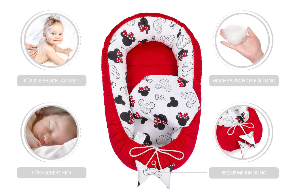 Babynestchen Set Neugeborene 90x50 cm Velvet - Kuschelnest Baby Nestchen 3-teilig Kokon mit Decke Rot - Totsy Baby