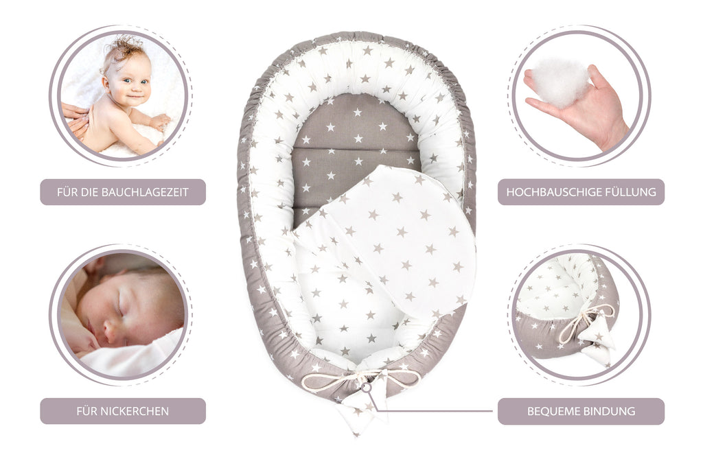 Babynestchen Set Neugeborene 90x50 cm Baumwolle - Kuschelnest Baby Nestchen 3-teilig Kokon mit Decke Sterne - Totsy Baby