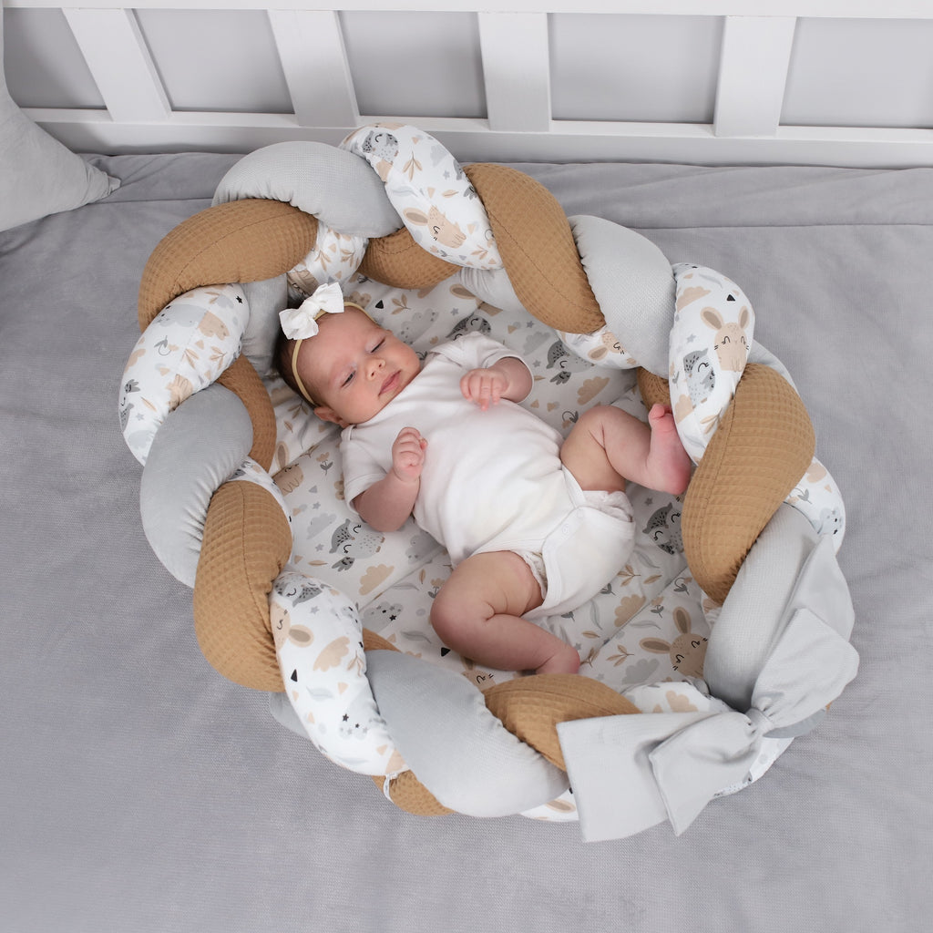 Babynest Neugeborene Nestchen Baby – Velvet Kuschelnest mit Zopf Kissen zerlegbares Set zweiseitig Babynestchen Babybett 75X45, Eulen - Totsy Baby